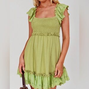 Selfie Leslie Green Smocked Ruffled Mini Dress